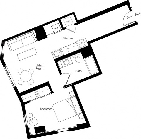 Floor plan for 1 bed, 1 bath, 593 sqft